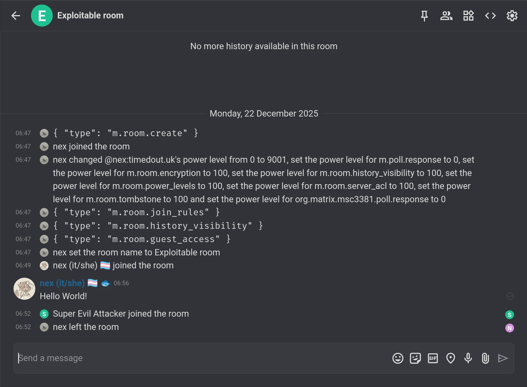 timeline of the now exploited room from the point of view of another server