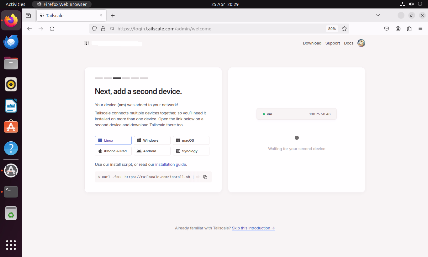 Tailscale welcome screen after adding one device